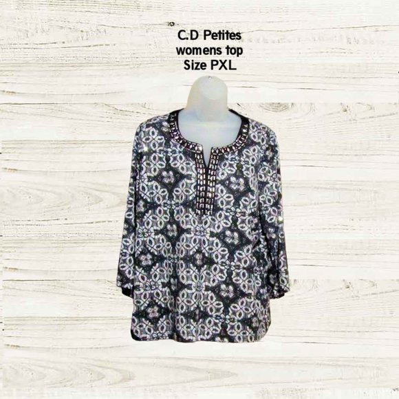 C D Petites Tops - C.D petites sizePXL womens top white with black print and sequins ¾ sleeves